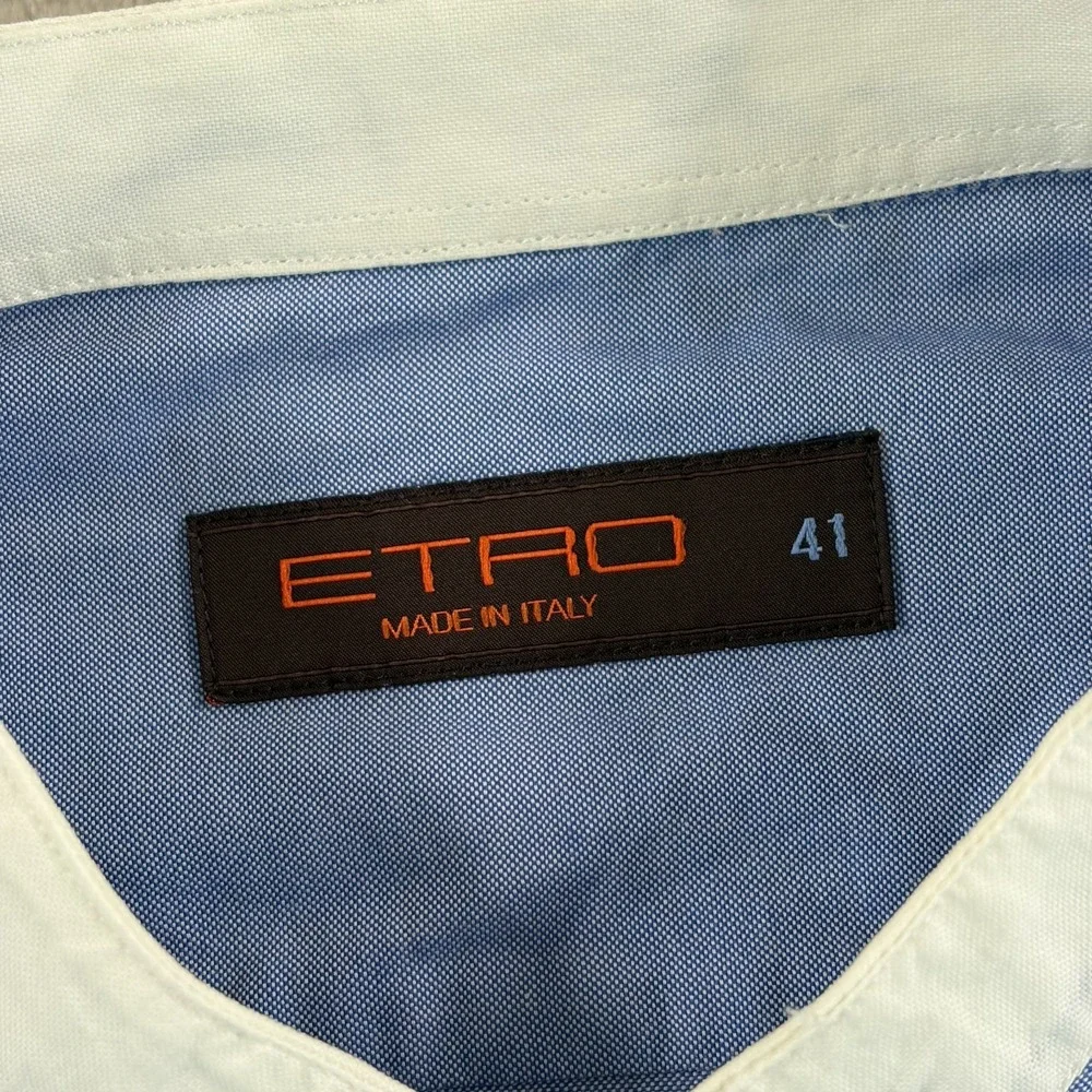 ETRO Chest Logo Mandarin Blade Collar Dress Shirt 41 Blue Contrast Cuffs Italy